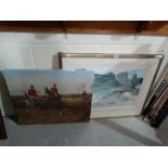 A 20th Century Unframed Oil On Canvas Hunting Scene Together With A Russell Flint Print