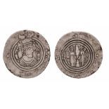 ARAB-SASANIAN, ‘UMAR B. ‘UBAYDALLAH, Drachm, WYHC (Arrajan) 71h.  OBVERSE: In second and third