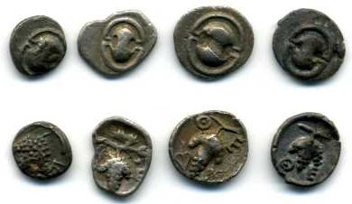 Boeotia, Thebes, 405-395 BC, tetartemorion, shield, rev., grape bunch flanked by ivy leaves, 0.