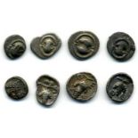 Boeotia, Thebes, 405-395 BC, tetartemorion, shield, rev., grape bunch flanked by ivy leaves, 0.