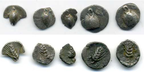 Boeotia, Orchomenos, late 5th century-364 BC, hemiobols (2), half sprouting wheat grain; on right,