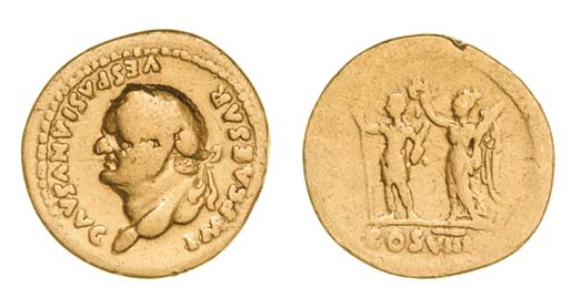 *Vespasian (69-79), aureus, 77-78, laureate head left, rev., cos viii, Victory crowning the emperor,