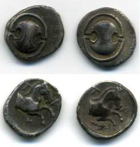 Boeotia, Tanagra, 400-350 BC, obol, Boeotian shield, rev., forepart of horse right, below, bunch