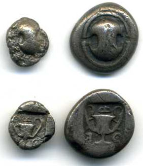 Boeotia, Thebes, 450-425 BC, hemidrachm, Boeotian shield, rev., kantharos with Θ-Ε-Β around, 2.