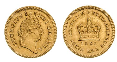 g *George III, third-guinea, 1801, laureate head right, rev., large crown over date (S. 3739), minor