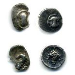 Boeotia, Mykalessos, c.400-350 BC, tetartemoria (2), Boeotian shield, rev., grapes; one with m in
