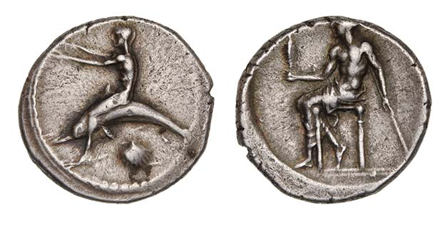 *Italy, Calabria, Tarentum, didrachm, c. 450-440 BC, Phalanthos on dolphin left, arms