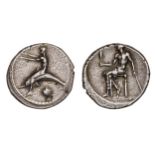 *Italy, Calabria, Tarentum, didrachm, c. 450-440 BC, Phalanthos on dolphin left, arms