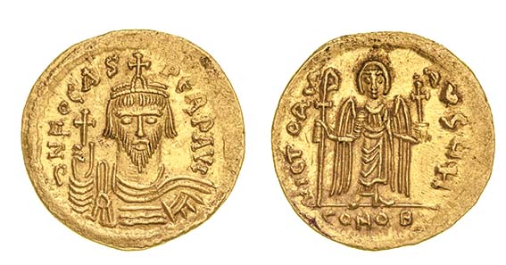 *Phocas (602-610), solidus, facing bust, rev., angel; officina h, 4.47g (DO 10; S. 620), about