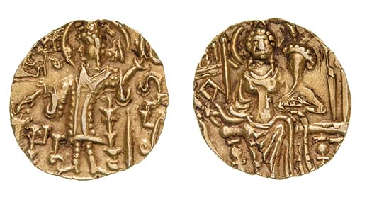 *India, late Kushans, Gadahara (4th cent. AD), gold dinar, king left, rev., Ardoxsho seated, 7.