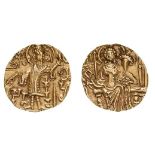 *India, late Kushans, Gadahara (4th cent. AD), gold dinar, king left, rev., Ardoxsho seated, 7.