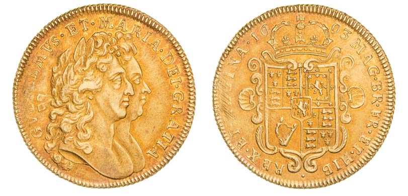 *William and Mary, two-guineas, 1693, plain below busts (S. 3424), light adjustment marks on lie