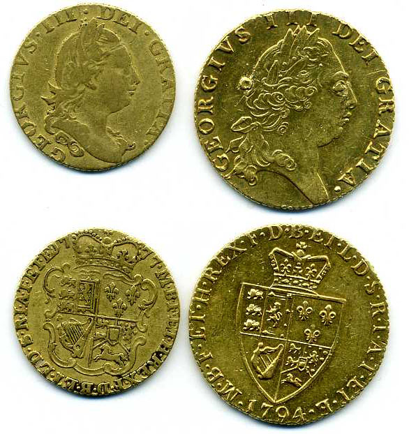 George III, ‘spade’ guinea, 1794, and half-guinea, 1777 (S. 3729, 3734), the first ex-mount, with