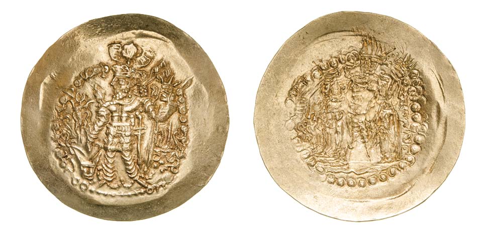 *Kushano-Sasanian, Vahran (4-5th cent. AD), scyphate dinar, king standing left, rev., Siva and bull,