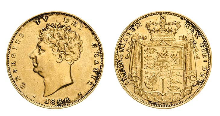 g *George IV, impaired proof two-pounds, 1826, bare head left, rev., arms on crowned mantle (S.