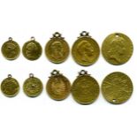 Mounted and otherwise damaged gold (5), comprising guinea, 1726, pierced and quarter-guinea 1762;