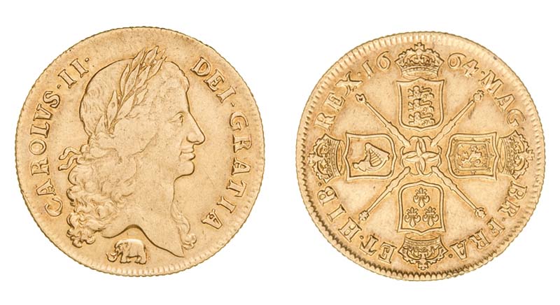 *Charles II, two-guineas, 1664, first bust right, elephant below (S. 3334), edge bruise above, about