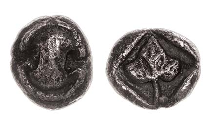 *Boeotia, Thebes, 450-425 BC, tetartemorion, Boeotian shield, rev., trilobate vine leaf, 0.20g (