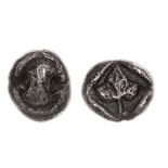 *Boeotia, Thebes, 450-425 BC, tetartemorion, Boeotian shield, rev., trilobate vine leaf, 0.20g (