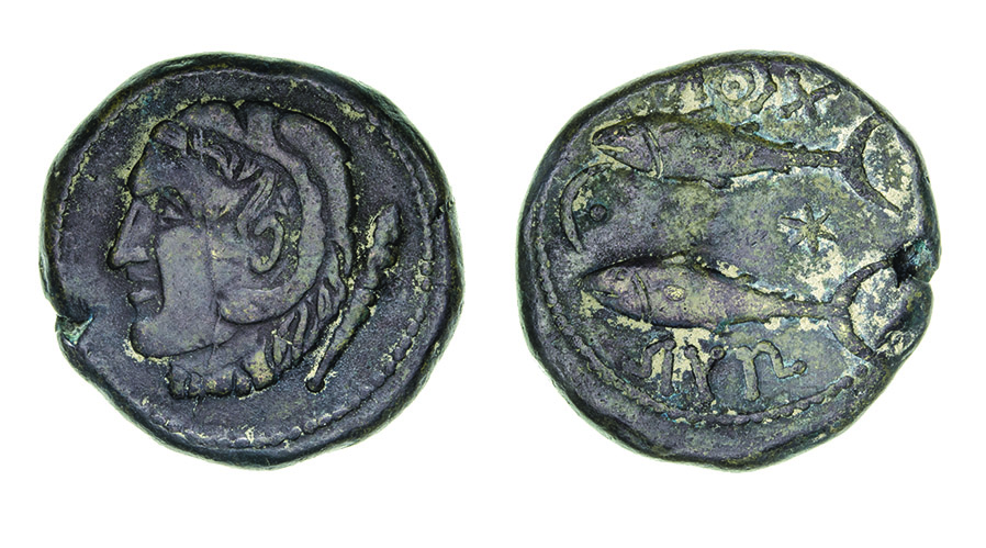 *Spain, Sexi, as, before 20 BC, head of Heracles left wearing lion-skin, club behind, rev., two