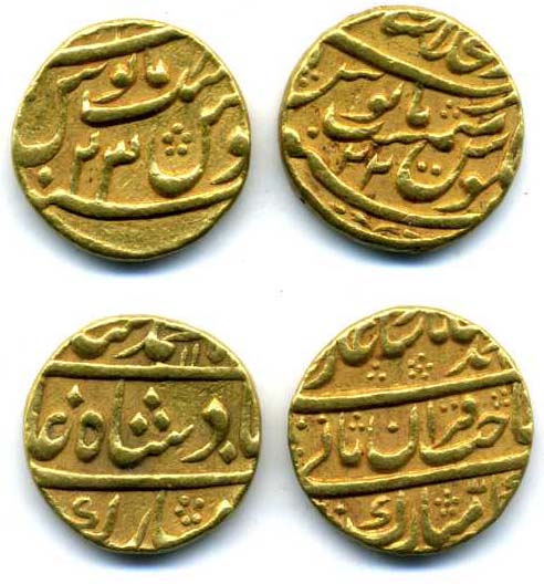India, Muhammad Shah (1719-48), mohur, r.y. 23, Shahjahanabad, 10.83g (KM 439.4), very fine; and