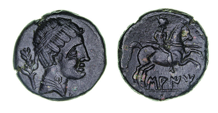 *Spain, Saiti, as, circa 120-20 BC, diademed head to right with cloak fastened at neck, palm behind,