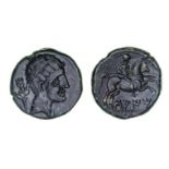 *Spain, Saiti, as, circa 120-20 BC, diademed head to right with cloak fastened at neck, palm behind,