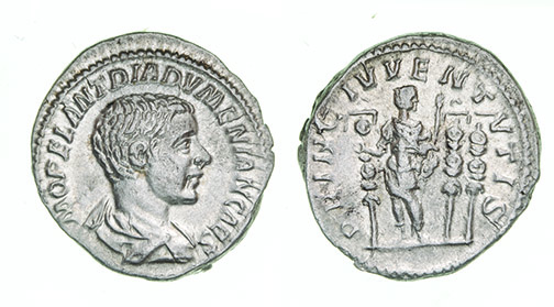 *Diadumenian (as Caesar, 217-218), denarius, draped bust right, rev., Caesar standing with