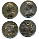 George II and Queen Caroline, Coronation, 1727, silver medals by John Croker, both 34mm (M.I. II/