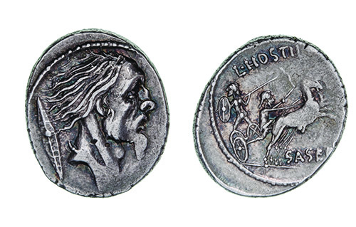 *Roman Republic, L Hostilius Saserna, denarius, 48 BC, bearded head right with Gallic shield behind,