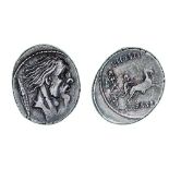 *Roman Republic, L Hostilius Saserna, denarius, 48 BC, bearded head right with Gallic shield behind,