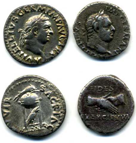 *Vitellius (69), denarius, Spanish mint, rev., clasped hands, 3.28g (RIC 27), pitted, good fine [