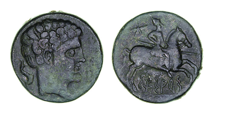 *Spain, Sesars, as, circa 120-20BC, bare head right, dolphin behind, rev., horseman galloping