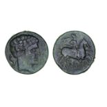 *Spain, Sesars, as, circa 120-20BC, bare head right, dolphin behind, rev., horseman galloping