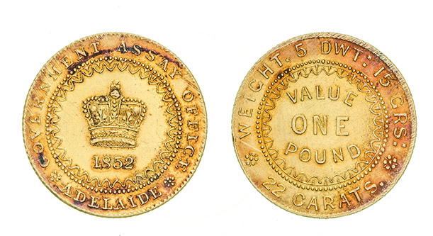 *Australia, Adelaide Assay Office, gold pound, 1852, type II, date below crown; weight. 5 dwt: 15