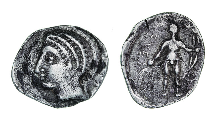 *Crete, Eleutherna, stater, 4th cent. BC, laureate head of Apollo left of crude style, rev., naked