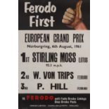 NURBURGRING: A Ferodo First European Grand Prix Nurburgring poster from 6th August, 1961.  The