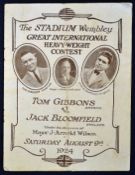1924 International heavy weight boxing programme Tom Gibbons (America) v Jack Bloomfield (England)