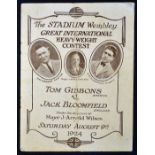 1924 International heavy weight boxing programme Tom Gibbons (America) v Jack Bloomfield (England)