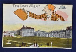 Early St Andrews coloured split golfing postcard - the top is titled "The Last Man" and