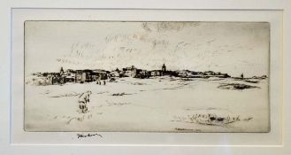 Stuart Brown^ H J - Original dry point etching titled "St Andrews" depicting a golfer with St