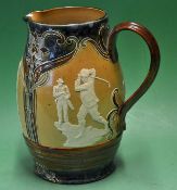 Fine Doulton Lambeth "Golfing" stoneware pitcher c1900- decorated in relief with 3x golfing scenes