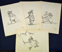 P Hobbs signed golf sketches comprising 4x original pen and ink amusing golf sketches plus one other