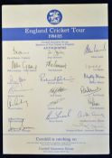 1985 England cricket tour signed team sheet part of the Cornhill Insurance having 19 signatures to