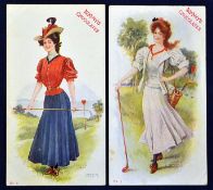Pair of Lowney's Chocolates USA coloured advertising golfing postcards c1900 depicting two pretty