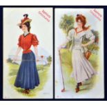 Pair of Lowney's Chocolates USA coloured advertising golfing postcards c1900 depicting two pretty