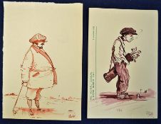P Hobbs signed golf sketches comprising 2x original pen and ink with water colour amusing golfing