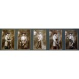 Set of 5 lady golfer hand painted real photograph postcards c1915 -   all studio photographs of