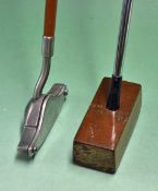 2x Unusual steel shafted putters a rectangular wooden head with heavy brass sole^ centre shafted