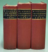 Wisden Cricketers' Almanacks 1956-58 all rebound in red cloth boards^ all books in G condition